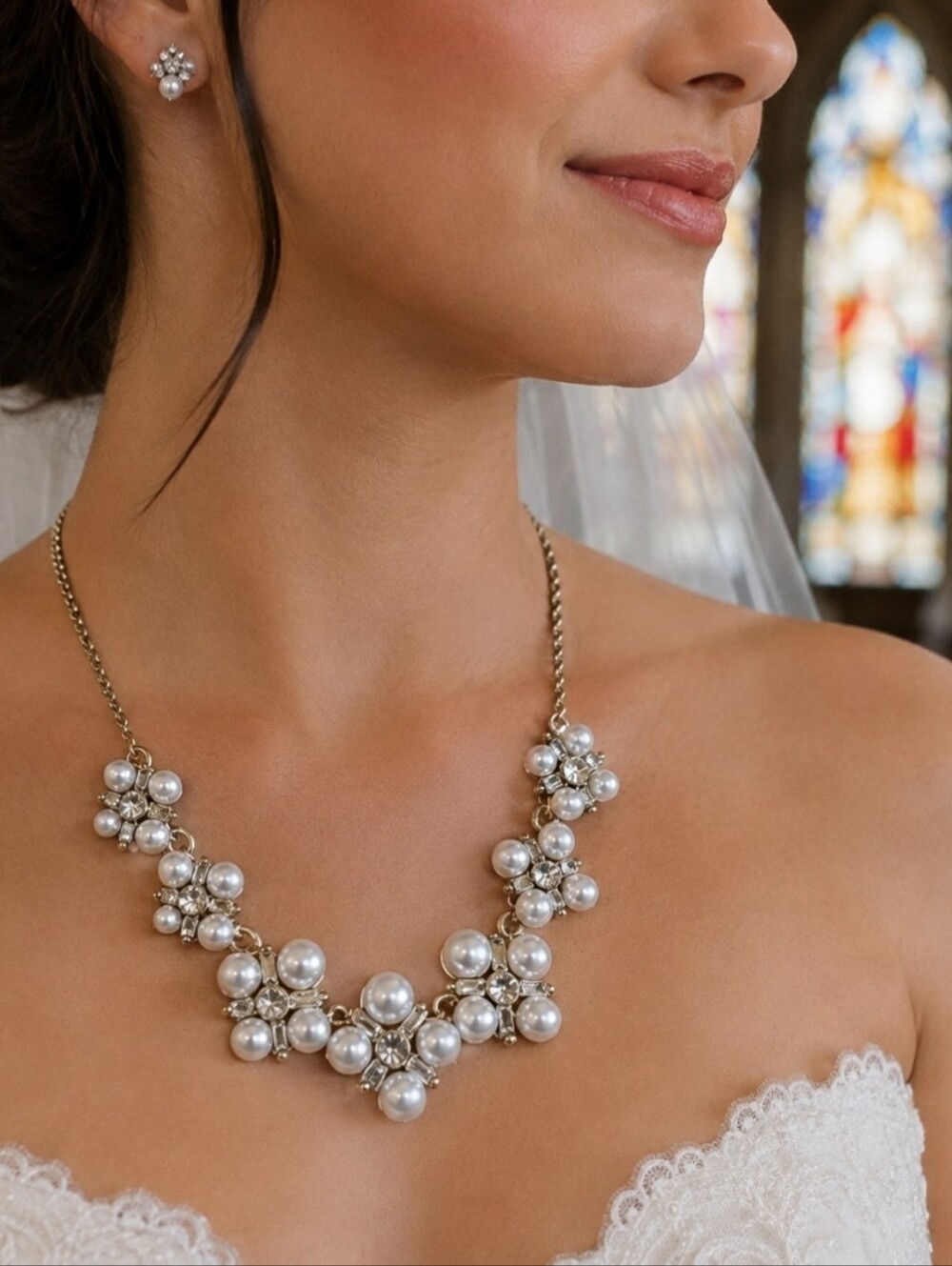 Anne Klein Faux White Pearls Gold Tone Necklace Crystal Clear Rhinestones Bridal